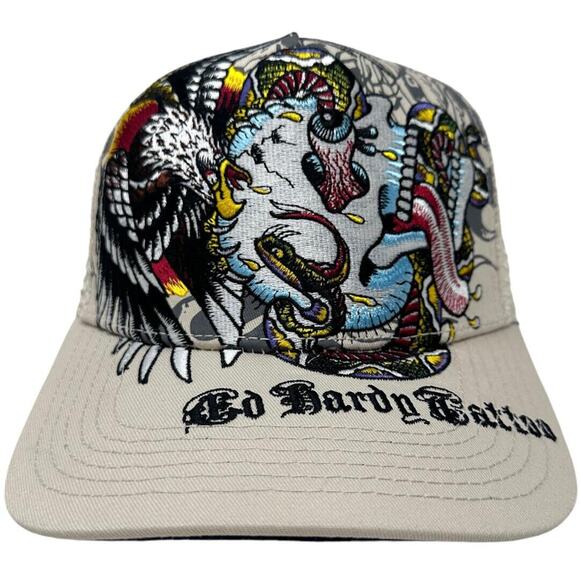 Ed Hardy Trucker Hat Embroidered Tattoo Battle Skull Cream Snapback Mesh Cap - Picture 1 of 7